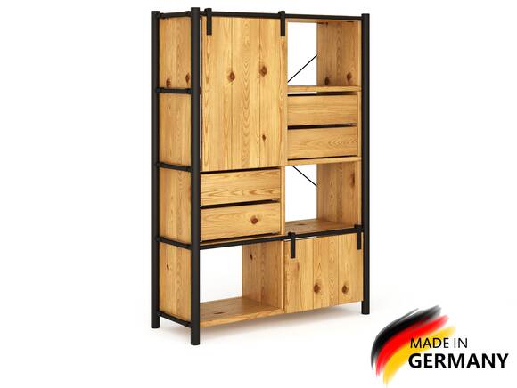 LIVERPOOL 5er Regal-Kombi II, Highboard aus Massivholz Thermo-Fichte, Metall schwarz