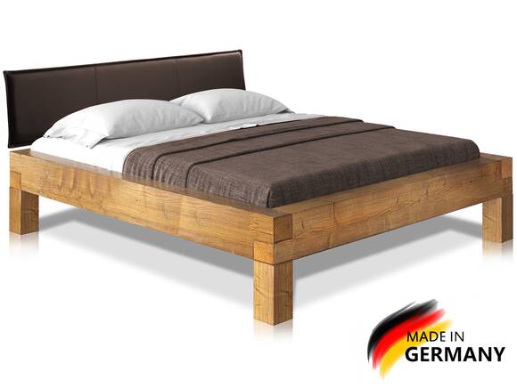 CURBY Balkenbett mit Polster-Kopfteil, 4-Fuß, Material Massivholz