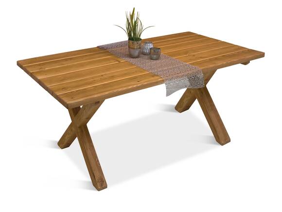 CANCUN Esstisch / Gartentisch mit X-Beinen, Material Massivholz, Lärche natur