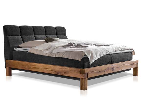 BAGIRO Balkenbett/Boxspringbett, Material Massivholz Eiche/Bezug Stoff Anthrazit