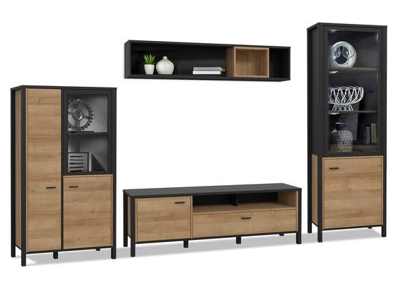 HAVANO 4-teilige Wohnwand, Material Dekorspanplatte, Riviera Eichefarbig/schwarz