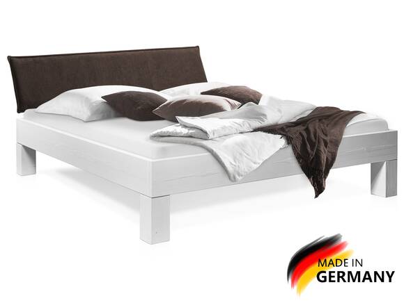 LUKY 4-Fuß-Bett mit Polster-Kopfteil, Material Massivholz, Fichte massiv