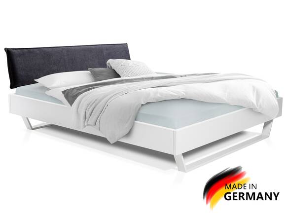 LUKY Kufenbett mit Polsterkopfteil, Material Massivholz, Fichte massiv, Kufen weiss