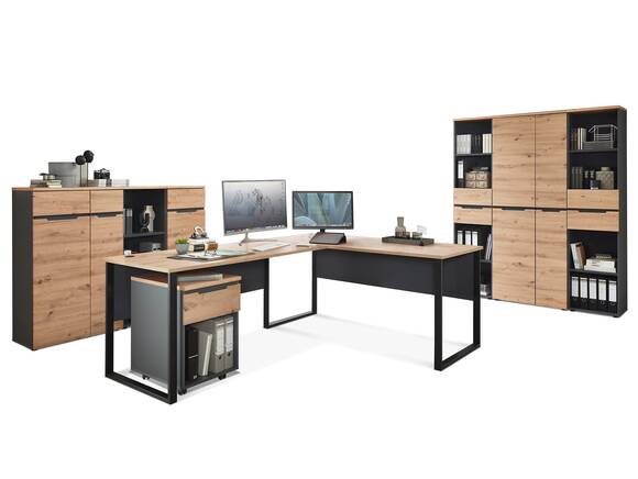 MAILAND Komplettbüro II, Material Dekorspanplatte, Artisan Eiche Nachbildung/graphitfarbig
