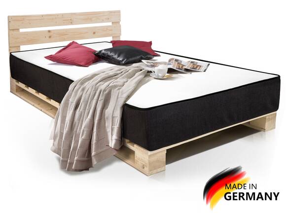 PALETTI Massivholzbett / Palettenbett inklusive Kopfteil und MOODY Matratze