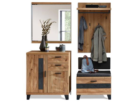 PERLINO Garderobenset III, Material Teilmassiv, Wildeiche geschroppt