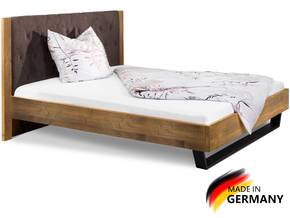 CURBY Kufenbett mit gestepptem Polster-Kopfteil, Material Massivholz, rustikale Altholzoptik, Fichte, Kufen schwarz