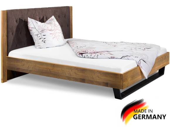CURBY Kufenbett mit gestepptem Polster-Kopfteil, Material Massivholz, rustikale Altholzoptik, Fichte, Kufen schwarz