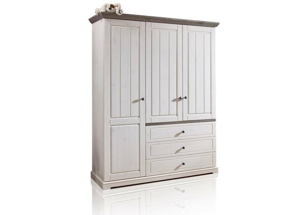 TINKA Kleiderschrank 3trg, Material Massivholz, Kiefer weiss/grau