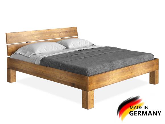 CURBY 4-Fuß-Bett mit Kopfteil, Material Massivholz, rustikale Altholzoptik, Fichte