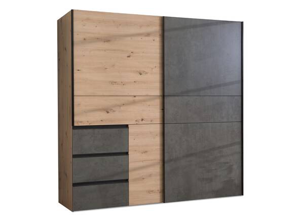CESSANDRA Schwebetürenschrank, Material Dekorspanplatte Artisan eichefarbig / grau