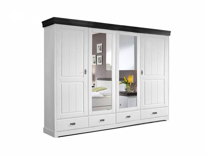 ROMAN Kleiderschrank / Drehtürenschrank teilmontiert, Material Massivholz, Kiefer 4-türig | weiss/colonial