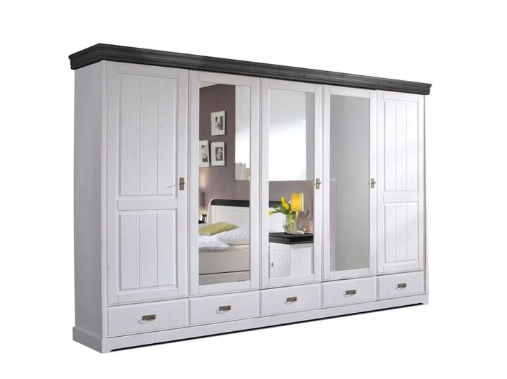 ROMAN Kleiderschrank / Drehtürenschrank teilmontiert, Material Massivholz, Kiefer 5-türig | weiss/colonial