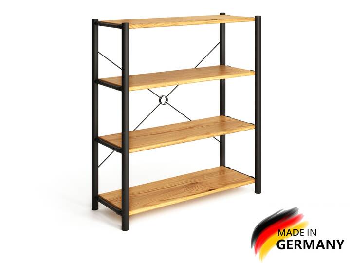 LIVERPOOL 4er Regal, Bücherregal aus Massivholz, Thermo-Fichte, Metall schwarz Natur