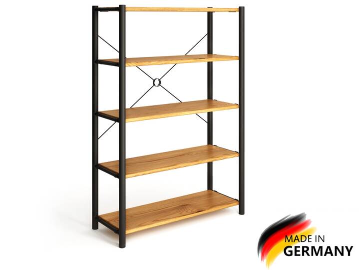 LIVERPOOL 5er Regal, Bücherregal aus Massivholz, Thermo-Fichte, Metall schwarz Natur