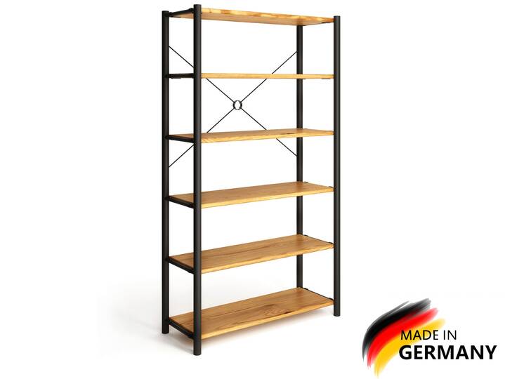 LIVERPOOL 6er Regal, Bücherregal aus Massivholz, Thermo-Fichte, Metall schwarz Natur