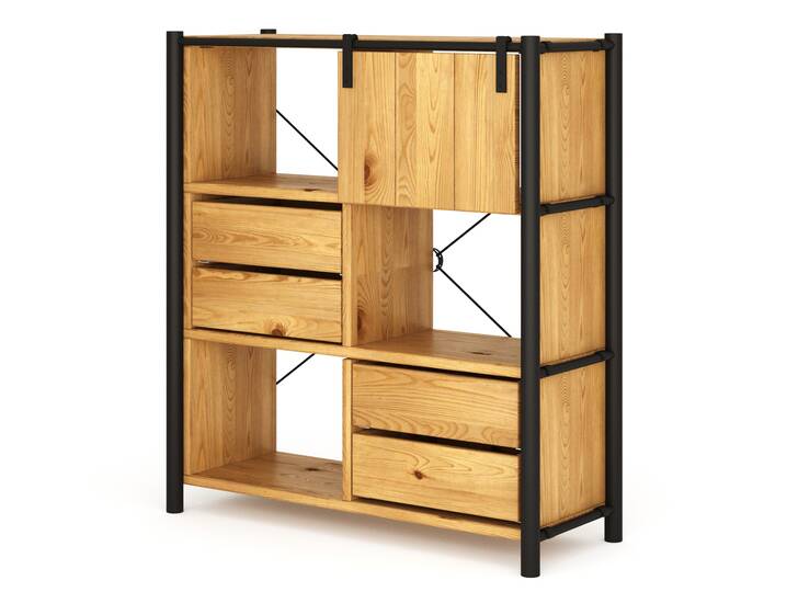 LIVERPOOL 4er Regal-Kombi II, Highboard II aus Massivholz, Thermo-Fichte, Metall schwarz Natur