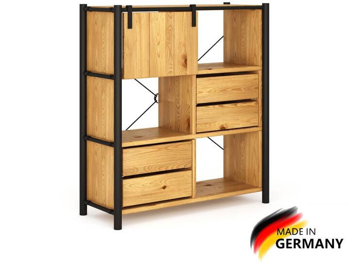LIVERPOOL 4er Regal-Kombi II, Highboard II aus Massivholz, Thermo-Fichte, Metall schwarz