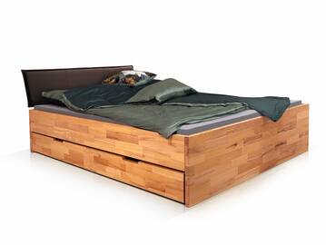 CHICO Stauraumbett mit Polsterkopfteil, Material Massivholz 180 x 200 cm | Buche unbehandelt | einseitig (2x Schubkasten) | Kunstleder Braun ohne Steppung