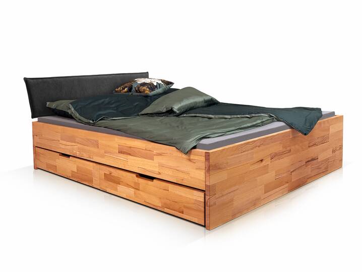 CHICO Stauraumbett mit Polsterkopfteil, Material Massivholz 140 x 220 cm | Buche geölt | beidseitig (4x Schubkasten) | Stoff Anthrazit ohne Steppung