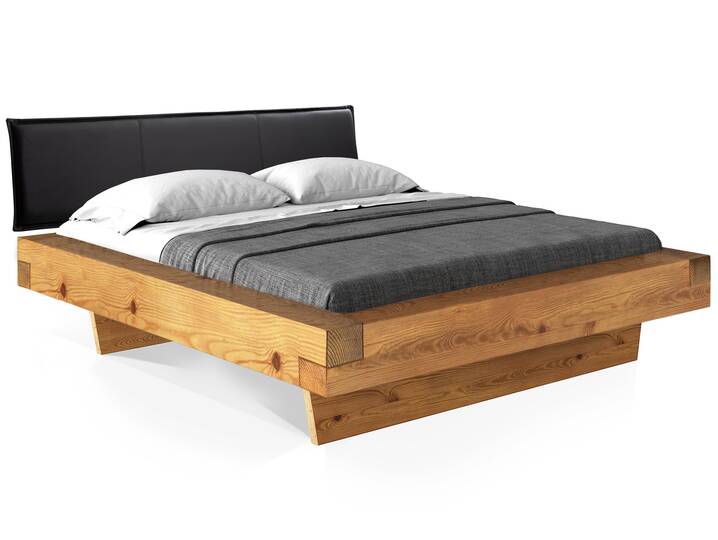 CURBY Balkenbett mit Polsterkopfteil, Wangenfuß, Material Massivholz 140 x 200 cm | natur | Kunstleder Schwarz