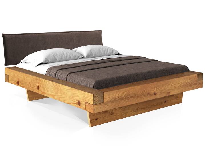 CURBY Balkenbett mit Polsterkopfteil, Wangenfuß, Material Massivholz 140 x 200 cm | natur | Stoff Braun