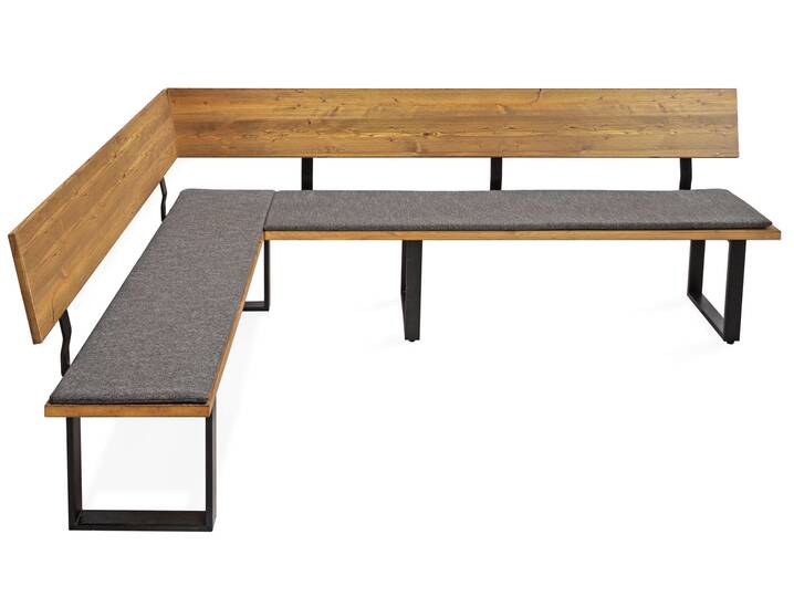 CURBY Eckbank, rustikale Altholzoptik, Material Massivholz, Fichte gebürstet 167 x 224 cm | vintage | inklusive Sitzkissen grau