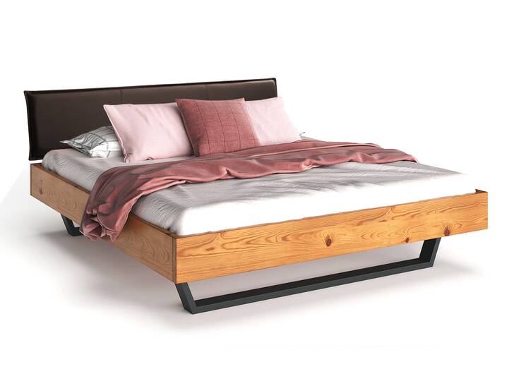CURBY Kufenbett mit Polsterkopfteil, Material Massivholz, rustikale Altholzoptik, Fichte, Kufen schwarz 140 x 200 cm | natur | Kunstleder Braun ohne Steppung