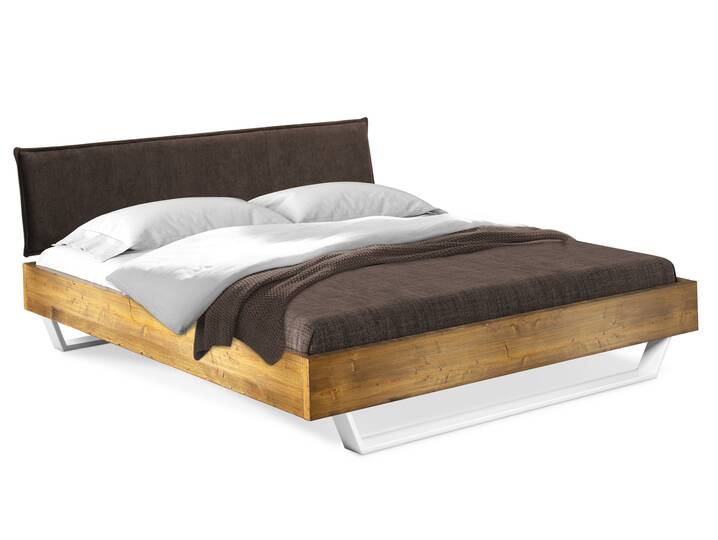 CURBY Kufenbett mit Polsterkopfteil, Material Massivholz, rustikale Altholzoptik, Fichte, Kufen weiss 90 x 200 cm | vintage | Stoff Braun
