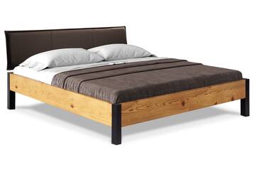 CURBY Bett mit Metallfuß und Polsterkopfteil, Material Massivholz, rustikale Altholzoptik, Fichte 120 x 200 cm | natur | Kunstleder Braun ohne Steppung