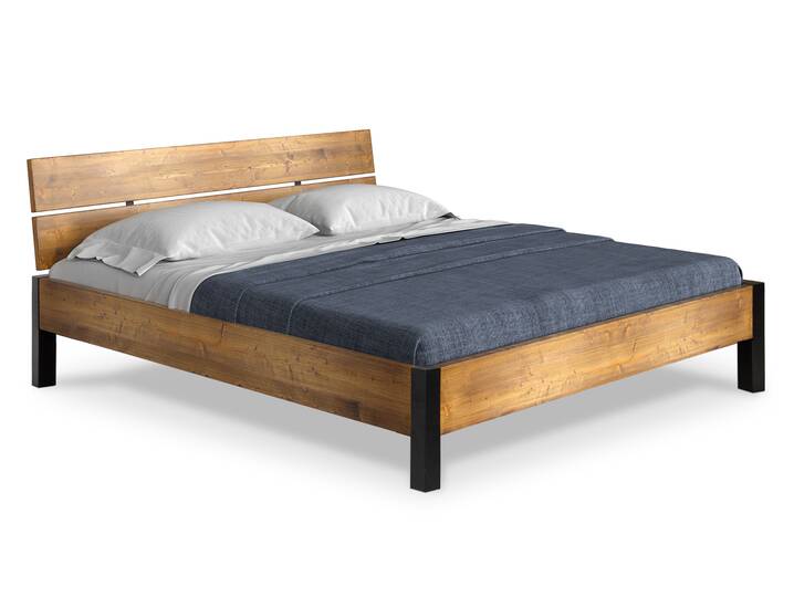 CURBY Bett mit Metallfuß und Kopfteil, Material Massivholz, rustikale Altholzoptik, Fichte 140 x 200 cm | vintage