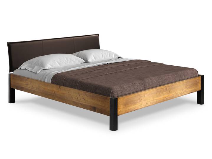 CURBY Bett mit Metallfuß und Polsterkopfteil, Material Massivholz, rustikale Altholzoptik, Fichte 140 x 200 cm | vintage | Kunstleder Braun ohne Steppung