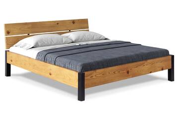 CURBY Bett mit Metallfuß und Kopfteil, Material Massivholz, rustikale Altholzoptik, Fichte 120 x 200 cm | natur