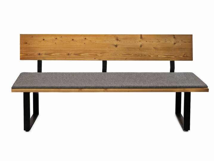 CURBY Sitzbank, rustikale Altholzoptik, Material Massivholz, Fichte gebürstet 220 cm | natur | mit Rückenlehne | inklusive Sitzkissen grau