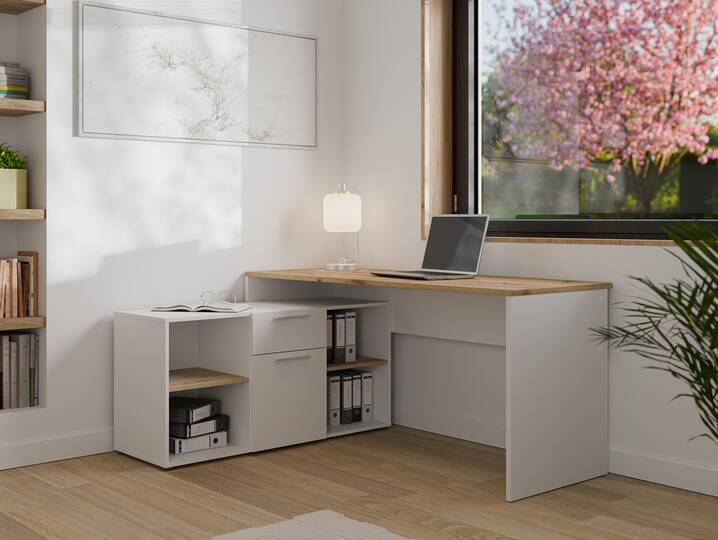CLOE Eckschreibtisch, Material Dekorspanplatte, weiß/Artisan Eiche Nachbildung 