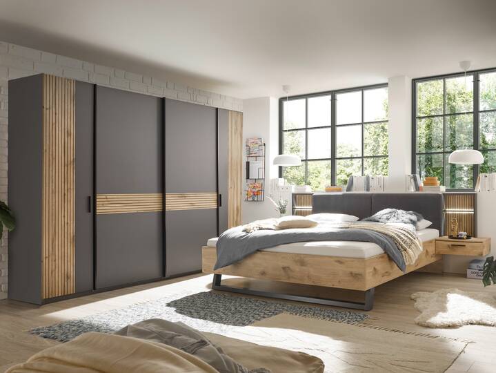 DETROIT Komplett-Schlafzimmer, Material Dekorspanplatte, graphit/Eiche hell Nachb