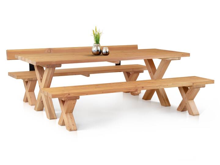 CANCUN PLUS Gartengarnitur mit X-Beinen, Material Massivholz, Lärche 200 cm | Natur | mit/ohne Rückenlehne