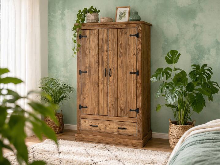 EVERGLADE Kleiderschrank, Material Massivholz, Kiefer eichefarbig 
