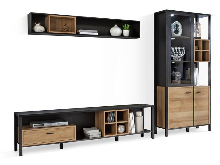 HAVANO Wohnwand, Material Dekorspanplatte, Riviera Eichefarbig/schwarz