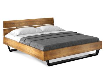 CURBY Kufenbett mit Kopfteil, Material Massivholz, rustikale Altholzoptik, Fichte, Kufen schwarz 90 x 200 cm | vintage