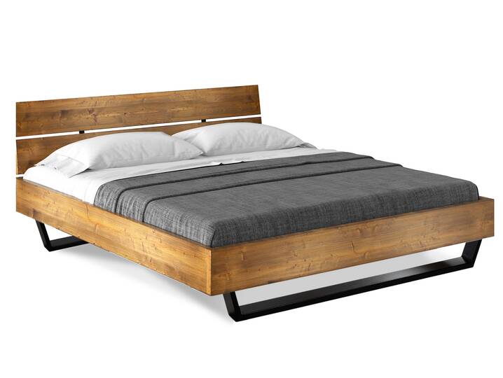 CURBY Kufenbett mit Kopfteil, Material Massivholz, rustikale Altholzoptik, Fichte, Kufen schwarz 90 x 200 cm | vintage