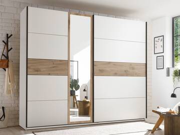 DOMENICO Schwebetürenschrank, Material Dekorspanplatte, Weiß/Eiche hell Nachbildung 