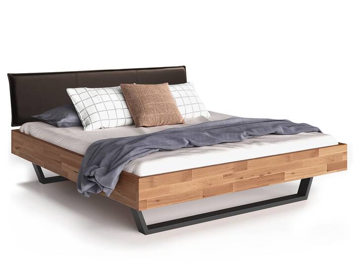LÖWEN Kufenbett mit Polsterkopfteil, Material Massivholz 90 x 200 cm | Buche unbehandelt | Kunstleder Braun ohne Steppung