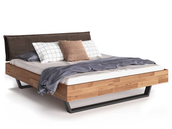 LÖWEN Kufenbett mit Polsterkopfteil, Material Massivholz 90 x 200 cm | Buche unbehandelt | Stoff Braun ohne Steppung