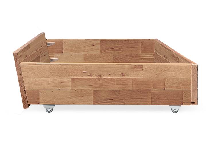 LÖWEN Bettschublade groß auf Rollen, Material Massivholz Buche geölt, schräg 