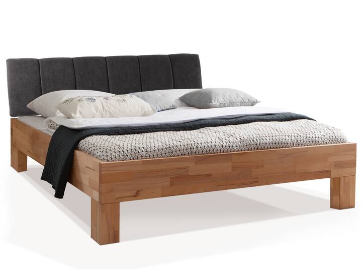 LÖWEN 4-Fuß Massivholzbett mit gestepptem Kopfteil 200 x 200 cm | Buche unbehandelt | Stoff Anthrazit