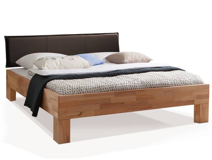 LÖWEN 4-Fuß Massivholzbett mit Polsterkopfteil 90 x 200 cm | Buche unbehandelt | Kunstleder Braun | Standardhöhe