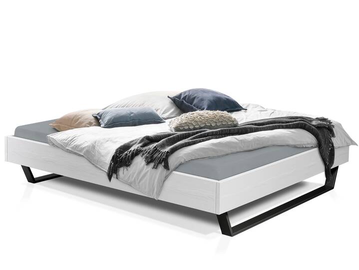 LUKY Kufenbett ohne Kopfteil, Material Massivholz, Fichte weiss/Kufen schwarz 90 x 200 cm
