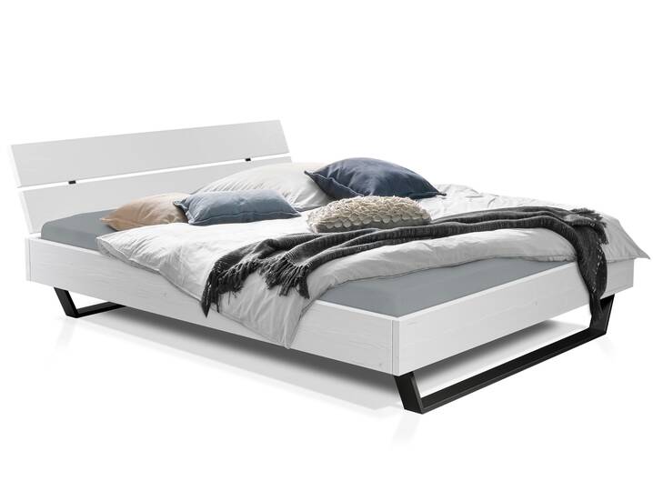 LUKY Kufenbett mit Kopfteil, Material Massivholz, Fichte weiss/Kufen schwarz 90 x 200 cm |  mit Kopfteil