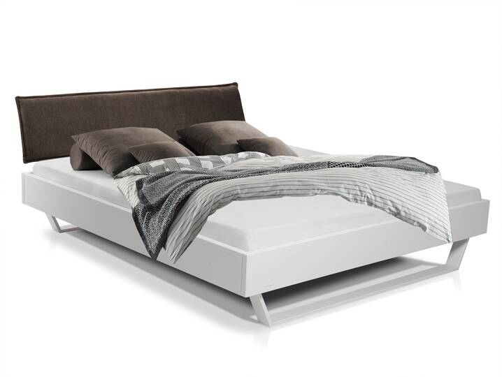 LUKY Kufenbett mit Polsterkopfteil, Material Massivholz, Fichte/Kufen weiss 90 x 200 cm | Stoff Braun